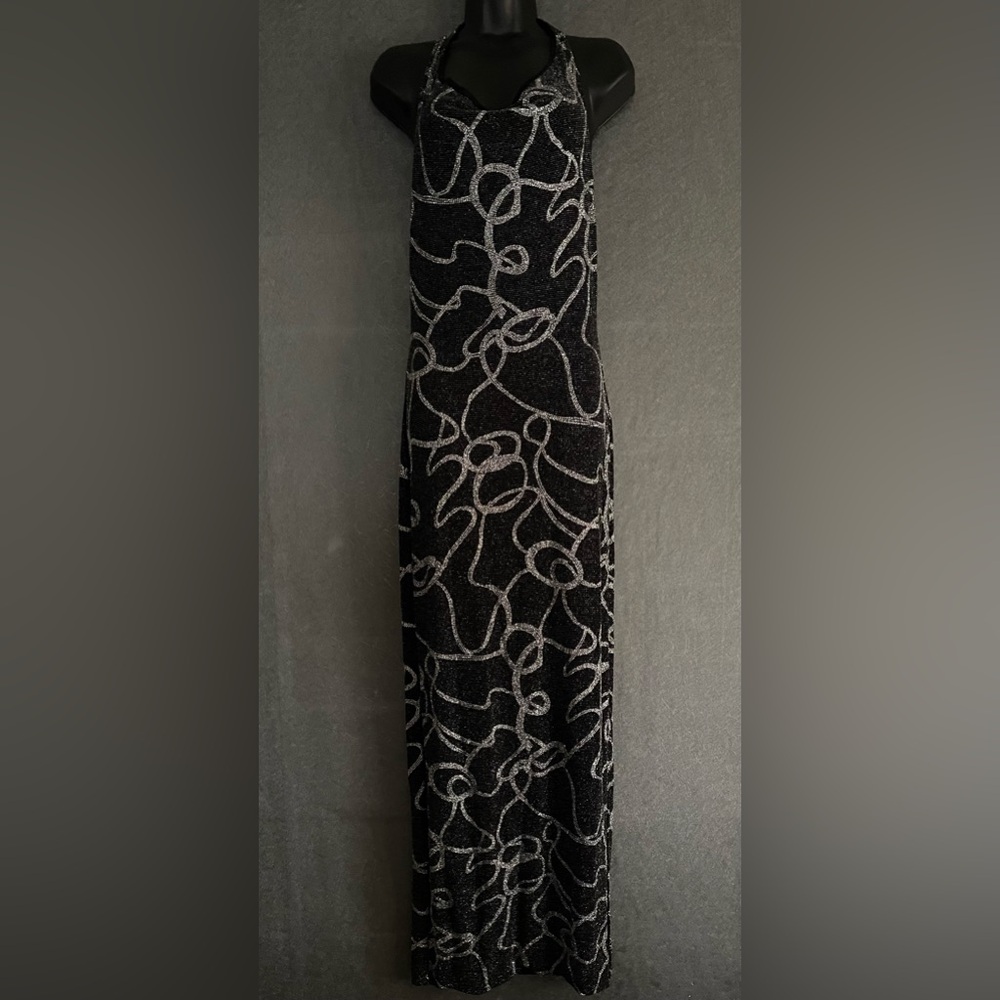 VTG PS Per Seption Halter Maxi Dress Black Silver Gray Metallic Glitter Lrg USA